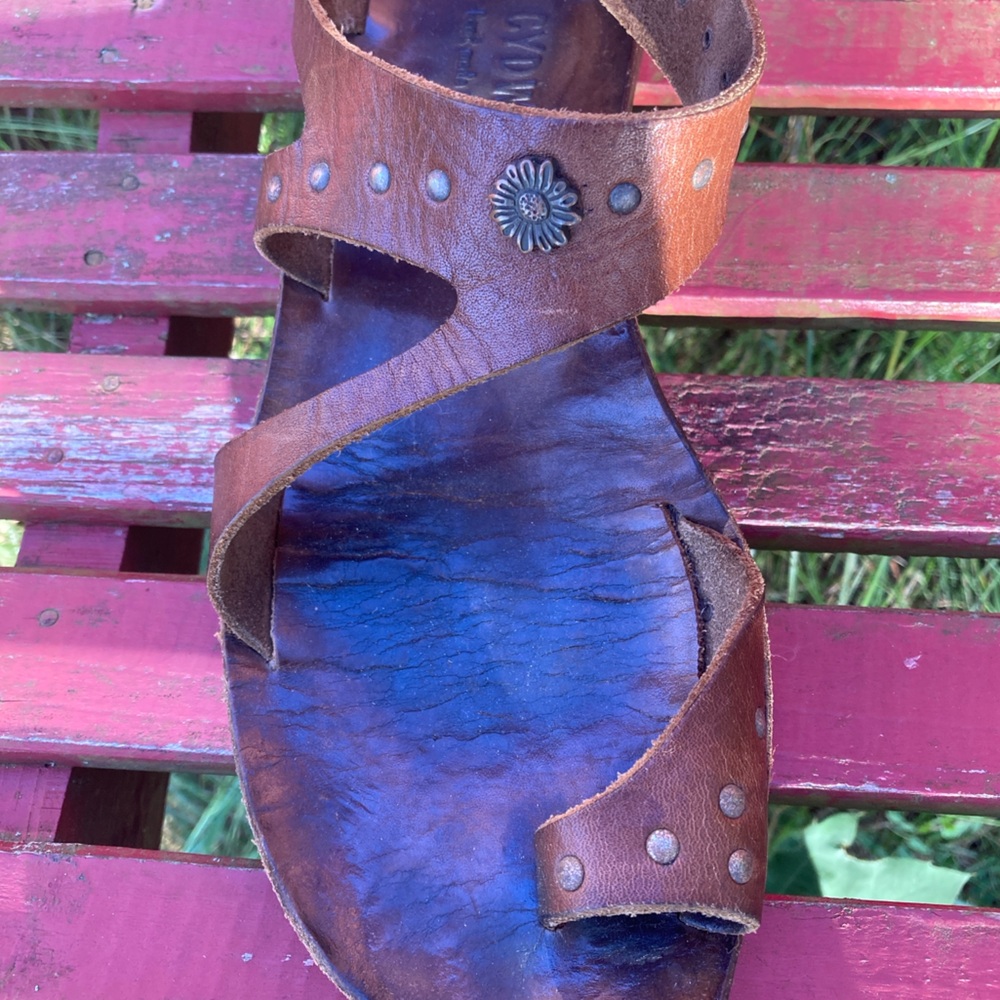 CYDWOQ Sandals Boho Brown Leather Silver Floral Studs Leather Soles Size 37